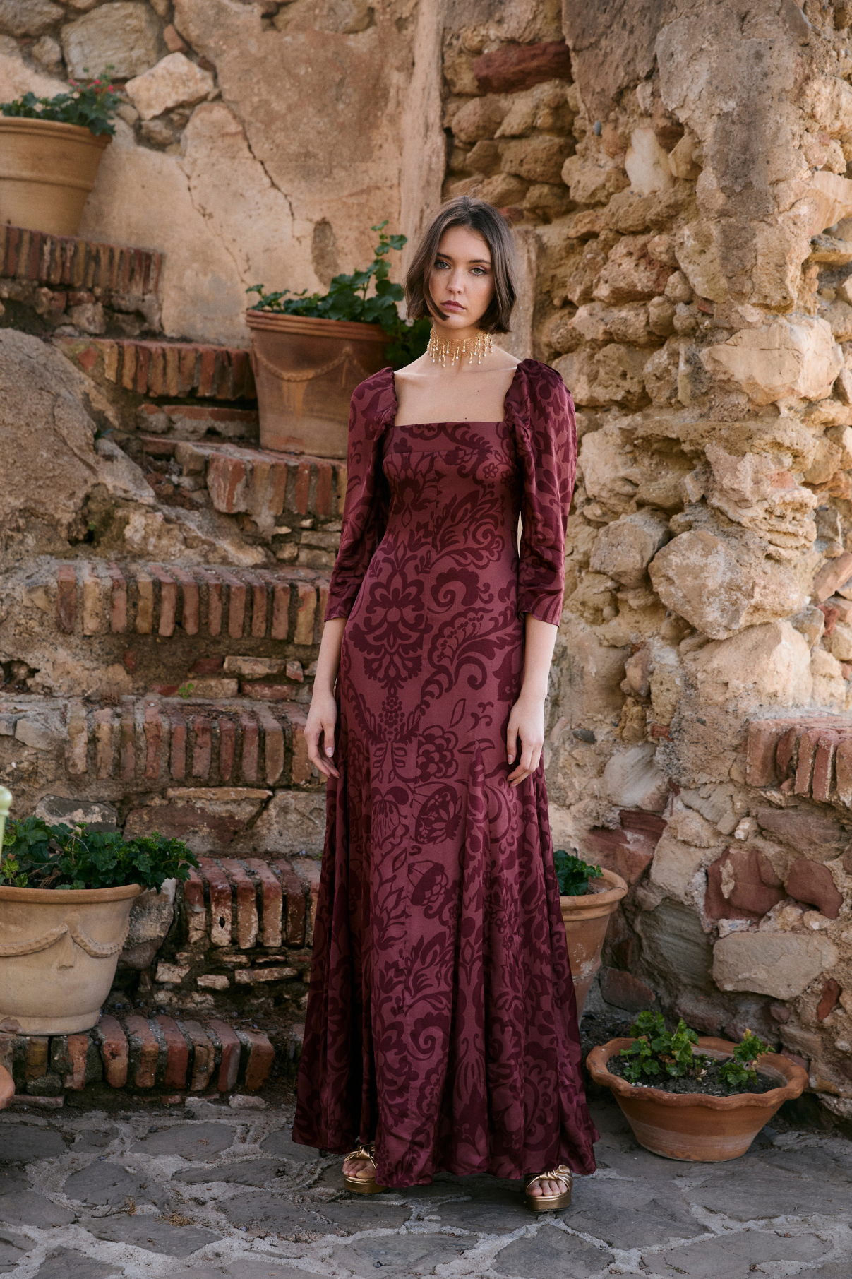 VESTIDO RAMONA DAMASCO TERRACOTA