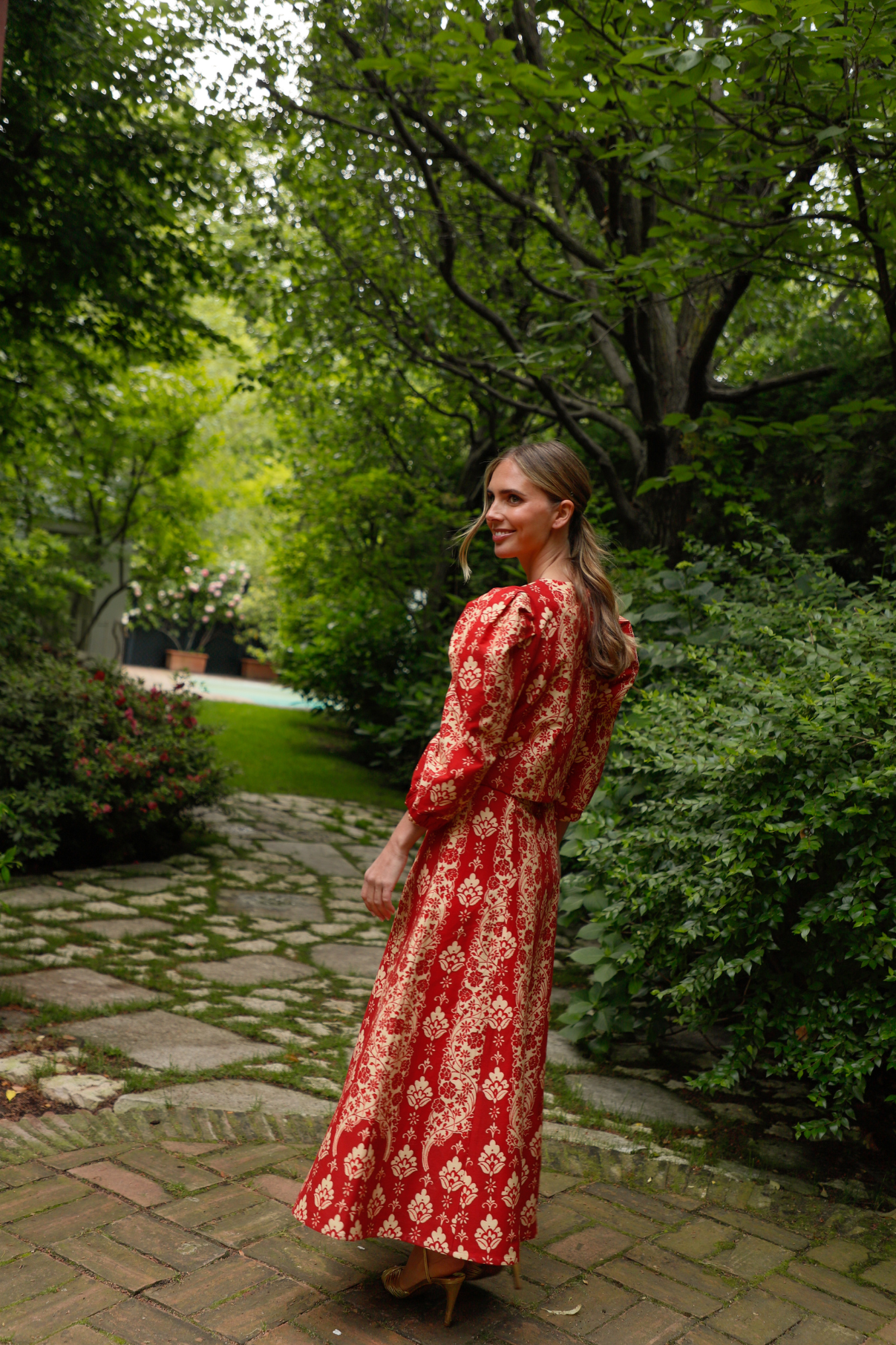 COLUMN PRINTED RED SKIRT