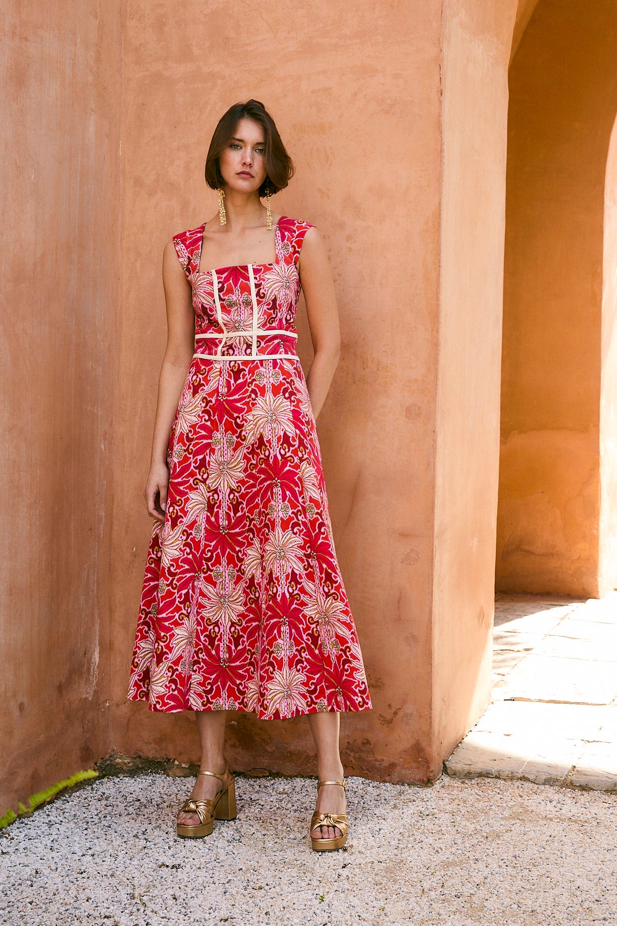 VESTIDO CORSE PALMAS ROJO