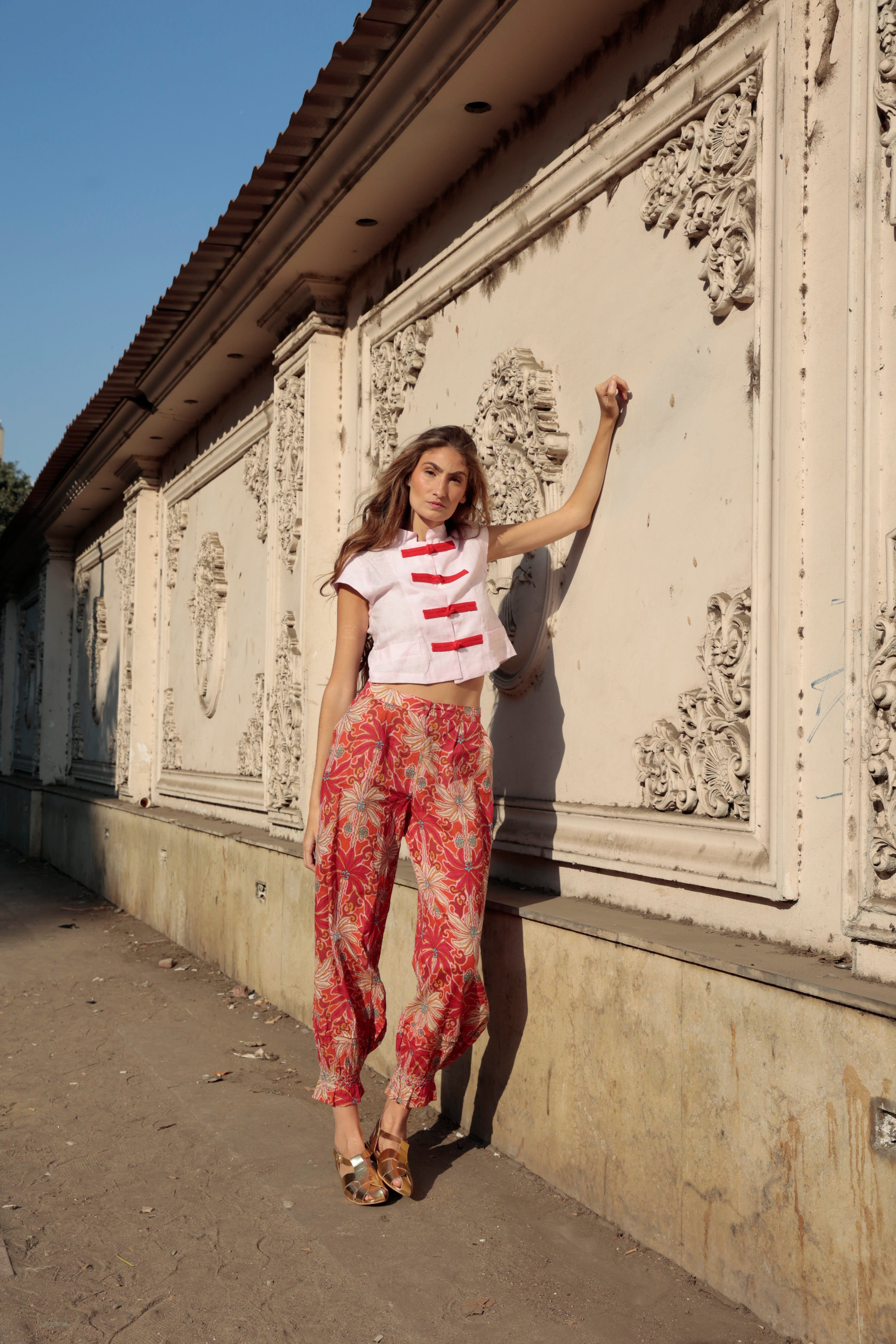 PANTALON TULA PALMAS ROJO