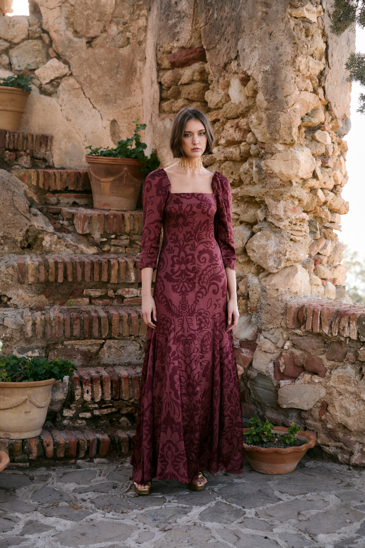 VESTIDO RAMONA DAMASCO TERRACOTA