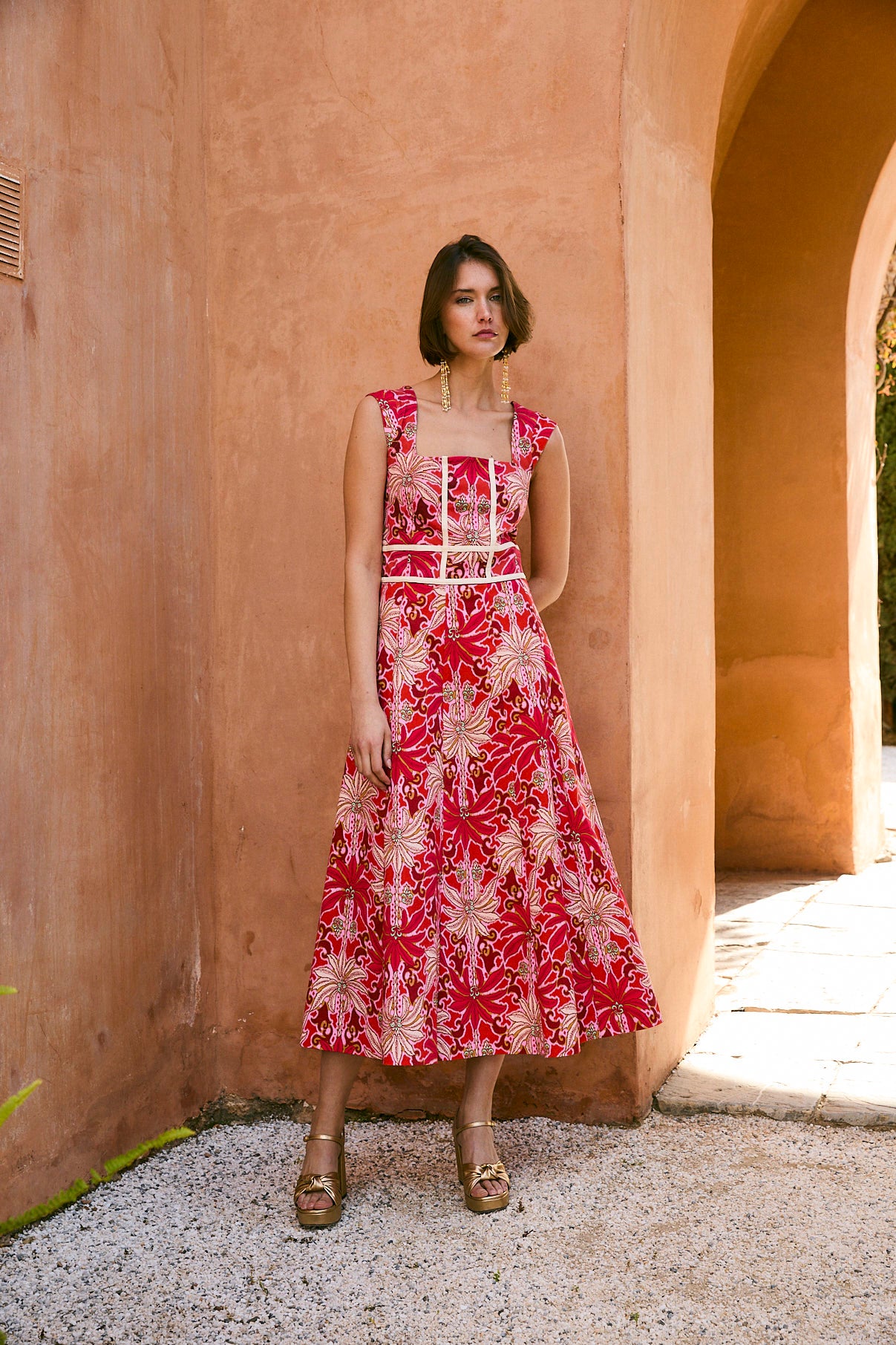 VESTIDO CORSE PALMAS ROJO