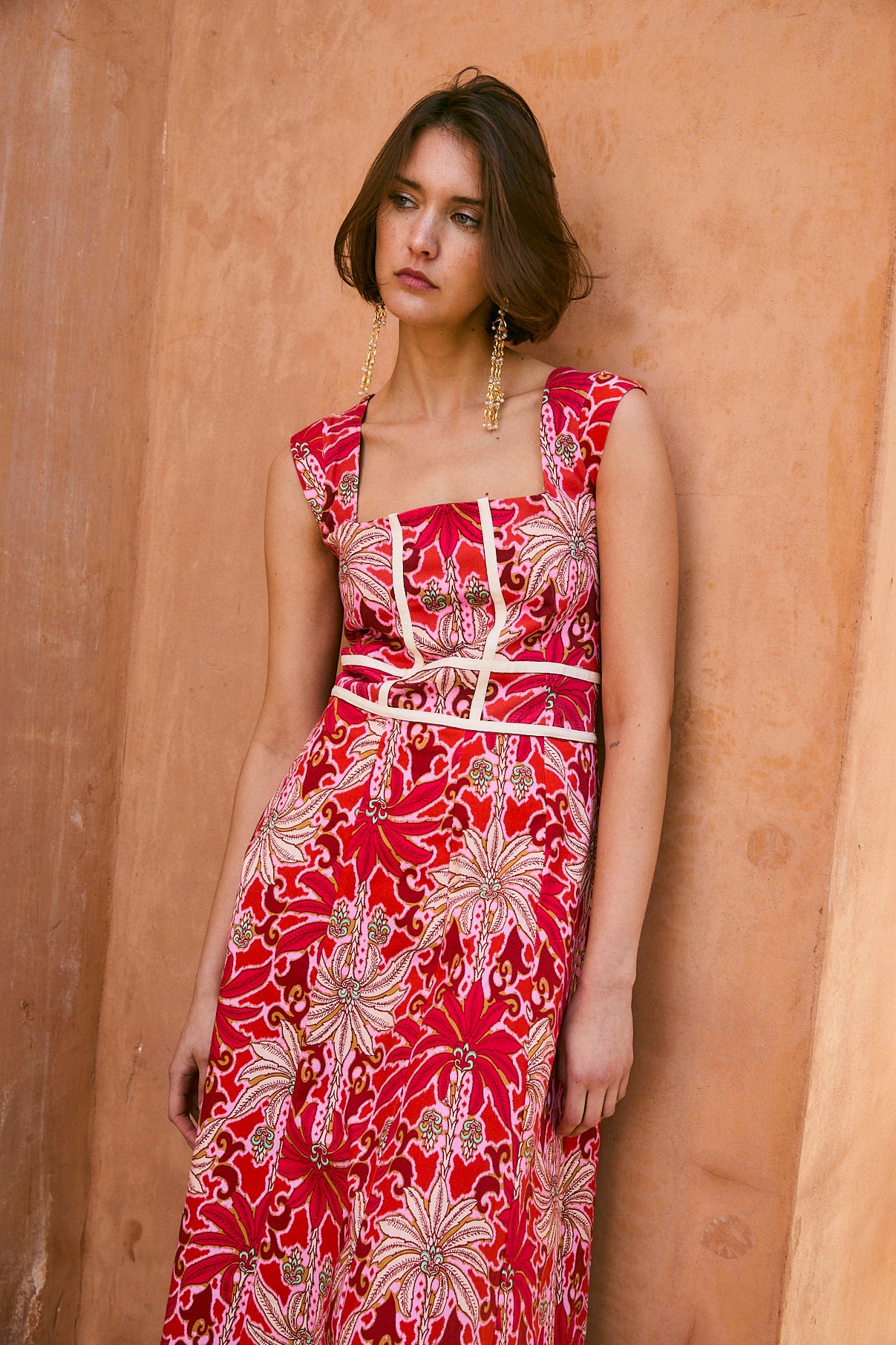 VESTIDO CORSE PALMAS ROJO