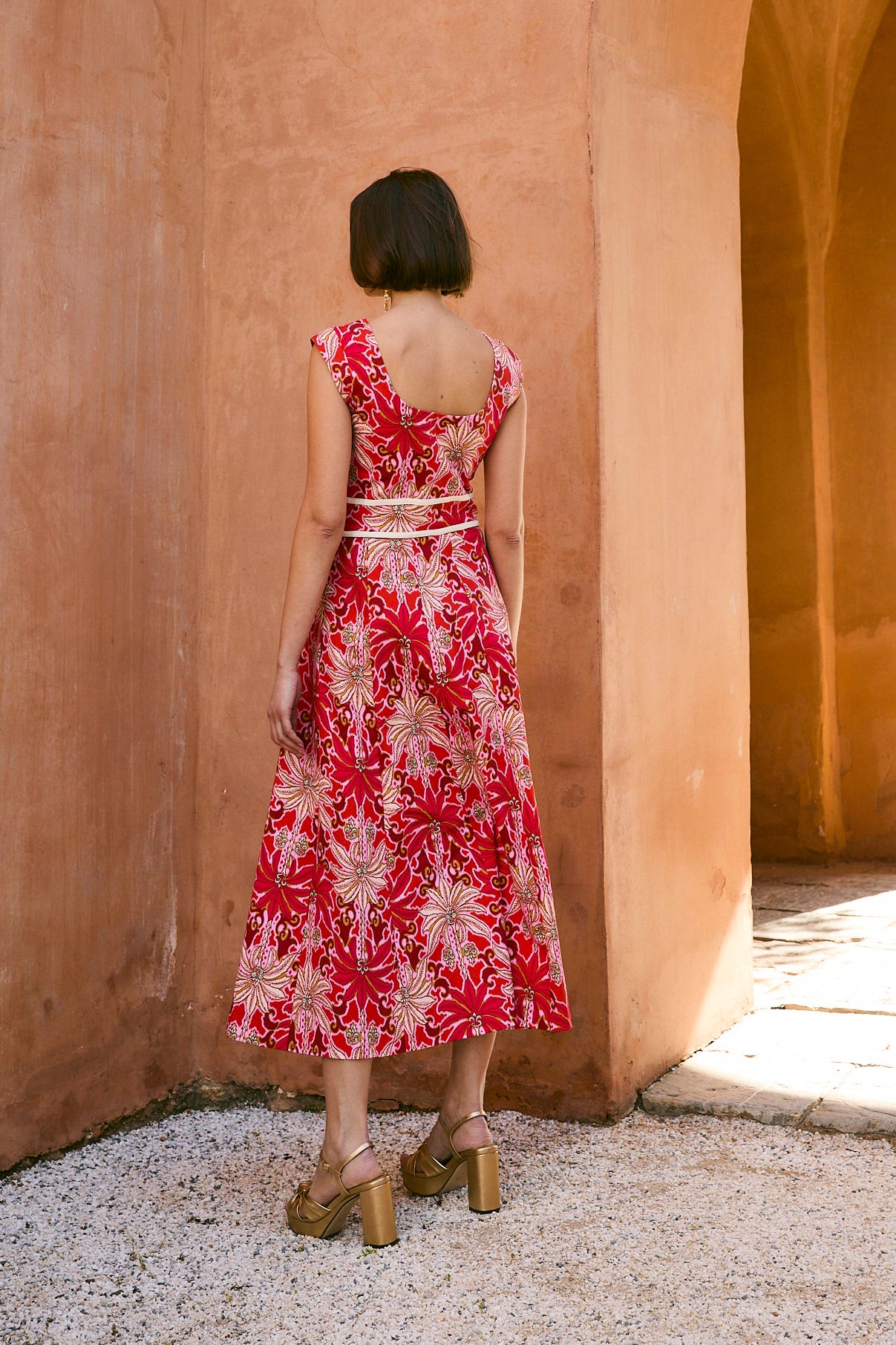 VESTIDO CORSE PALMAS ROJO