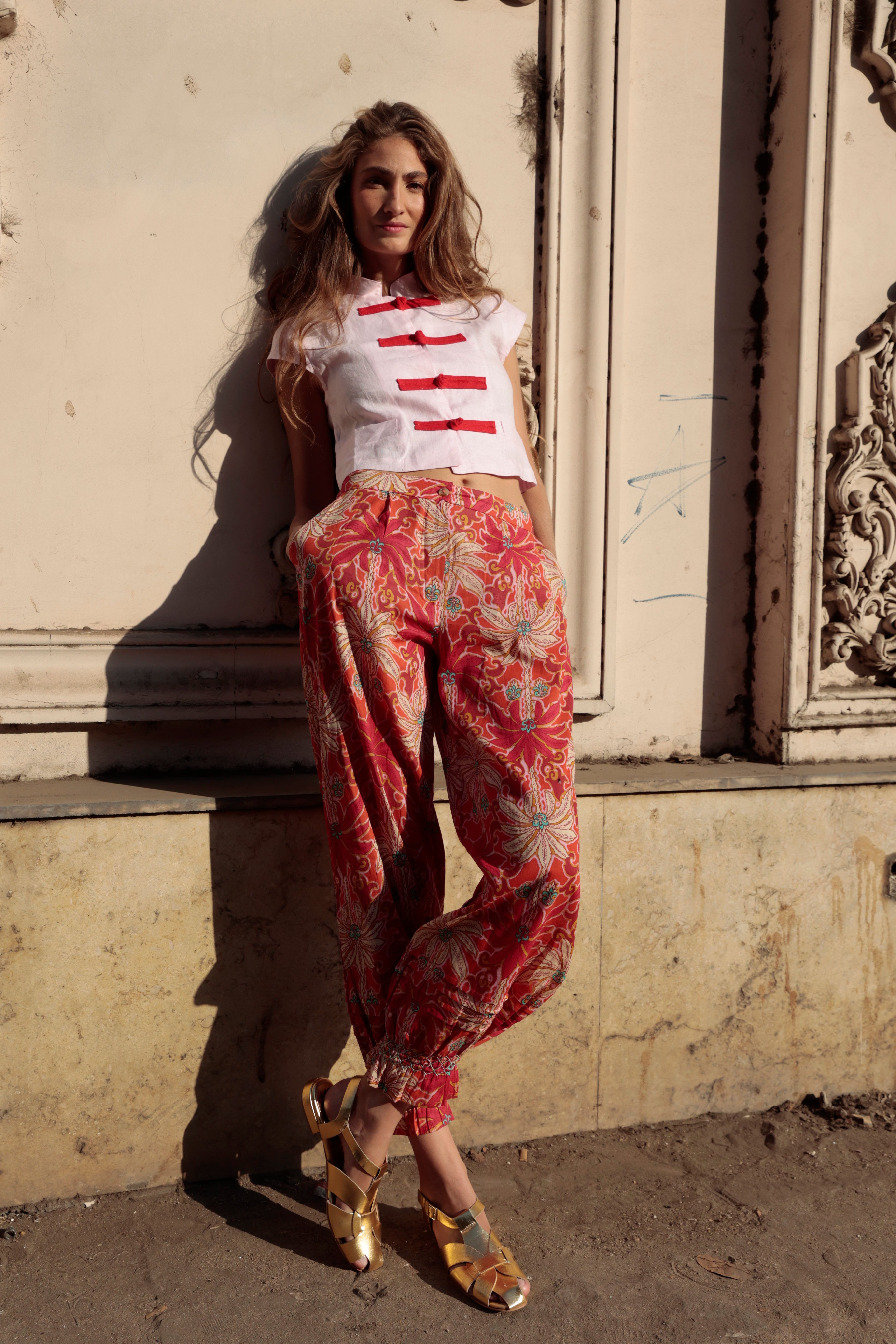 PANTALON TULA PALMAS ROJO