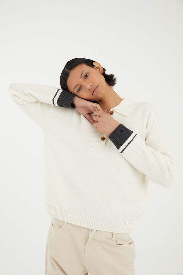 WHITE KNITTED POLO JUMPER