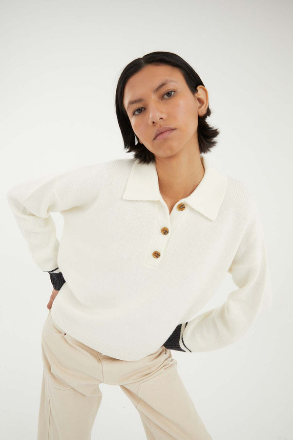 WHITE KNITTED POLO JUMPER