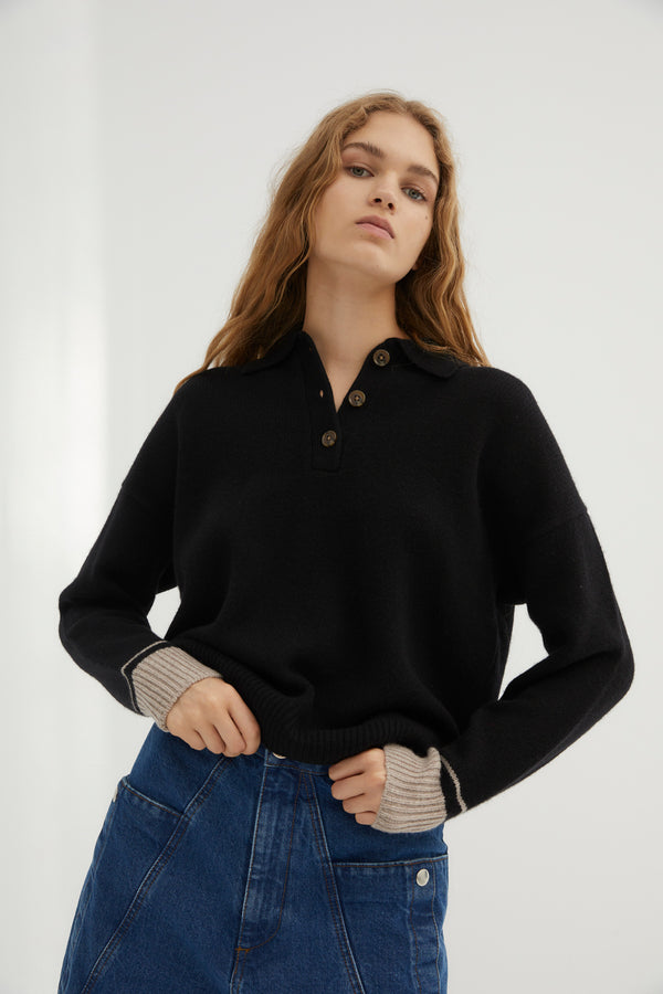 BLACK KNITTED POLO JUMPER
